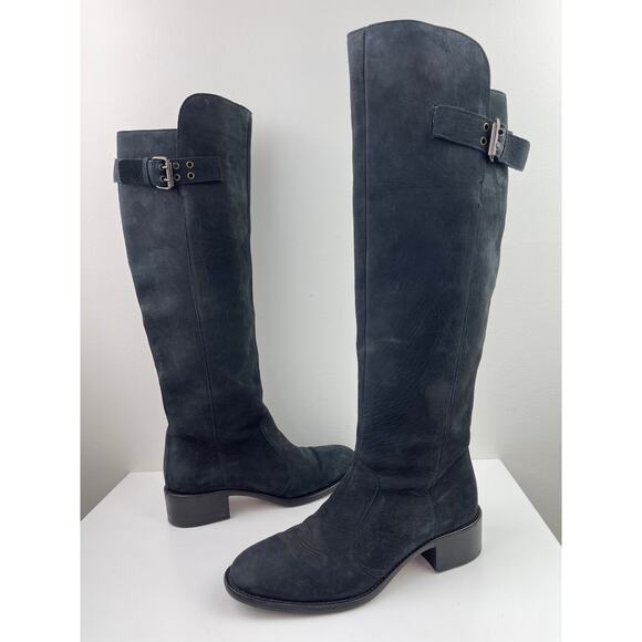 FENDI Black Nubuck Leather Knee High Riding Boots Almond Toe Heel Size 38 ITALY - Picture 2 of 14